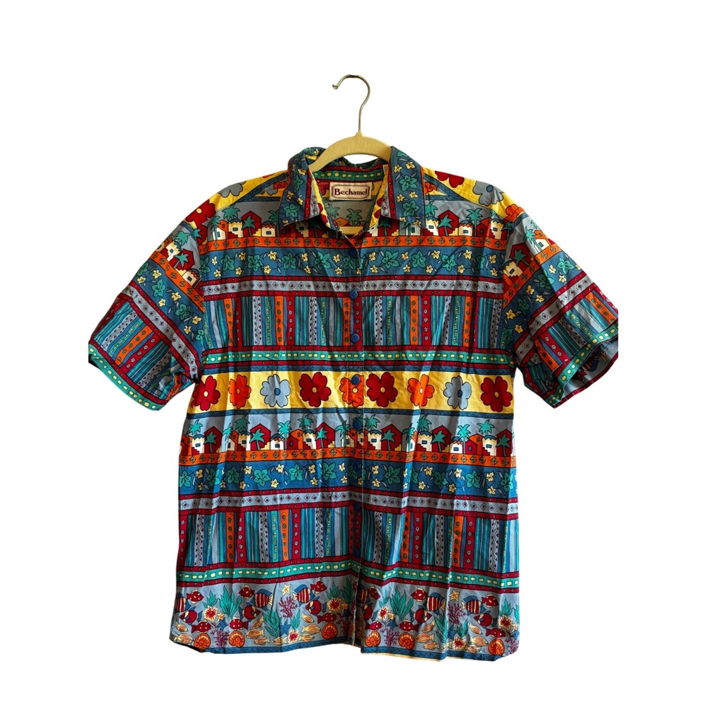 Bechamel Vintage Tropical Novelty Print Cotton Button Down Shirt Multi Color M